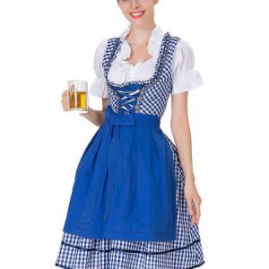 Beer Girl Costume Gingham Plaid Lace Up Bow Cotton Oktoberfest Costumes Halloween