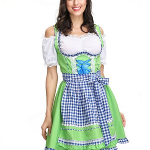 Beer Girl Costume Grass Green Plaid Frill Lace Up Apron Polyester Oktoberfest Holidays Costumes Oktoberfest Costumes