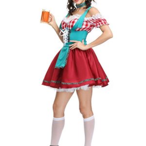 Beer Girl Costume Red Plaid Ruffle Lace Up Dress Polyester Oktoberfest Holidays Costumes Oktoberfest Costumes