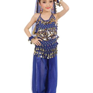 Belly Dance Costume Kids Blue Chiffon Sleeveless Indian Bollywood Dancing Costumes