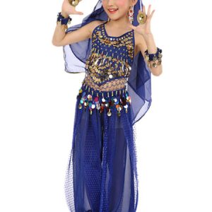 Belly Dance Costume Kids Blue Chiffon Sleeveless Indian Bollywood Dancing Costumes