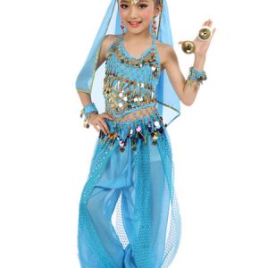 Belly Dance Costume Kids Blue Chiffon Sleeveless Indian Bollywood Dancing Costumes