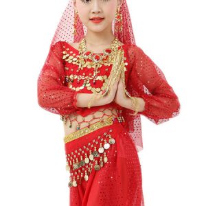 Belly Dance Costume Kids Red Chiffon Long Sleeve Indian Bollywood Dancing Costumes