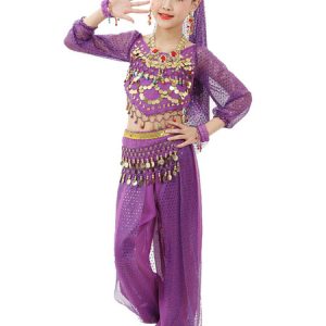 Belly Dance Costume Kids Red Chiffon Long Sleeve Indian Bollywood Dancing Costumes