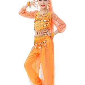 Belly Dance Costume Kids Red Chiffon Long Sleeve Indian Bollywood Dancing Costumes