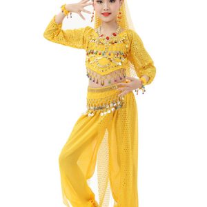 Belly Dance Costume Kids Red Chiffon Long Sleeve Indian Bollywood Dancing Costumes