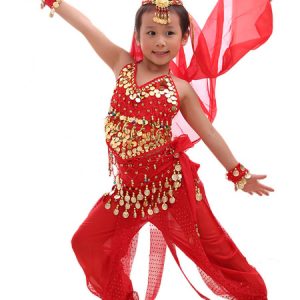 Belly Dance Costume Kids Red Chiffon Sleeveless Indian Bollywood Dancing Costumes