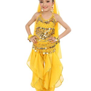 Belly Dance Costume Kids Yellow Chiffon Bollywood Indian Dancing Costumes