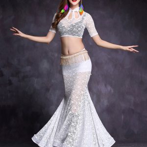 Belly Dance Costume Set White Lace Crop Top With Mermaid Long Skirt For Women