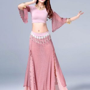 Belly Dance Costumes Cameo Pink Slit Ruffle Pleated Belly Dance Wear For Women Halloween