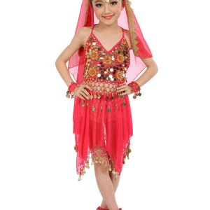 Belly Dance Costumes Kids Chiffon Red Sleeveless Indian Bollywood Dancing Dresses