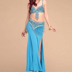 Belly Dance Costumes Women Rose Red Beading High Slit Belly Dancing Performance Costume Halloween