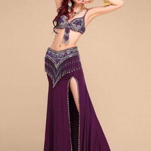 Belly Dance Costumes Women Rose Red Beading High Slit Belly Dancing Performance Costume Halloween