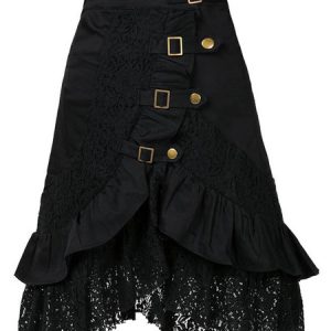 Black Gothic Costume Metallic Buttons Ruffle Cotton Women Retro Skirt Halloween