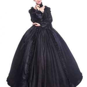 Black Retro Costumes Ruffle Matte Satin Halloween Victorian Style Dress Women Vintage Clothing