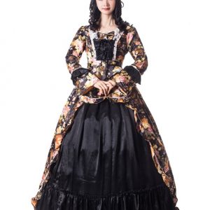 Black Retro Costumes Women Floral Print Bows Matte Satin Pageant Dress Victorian Era Style Vintage Clothing Halloween