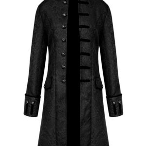 Black Vintage Coat Stand Collar Button Up Jacquard Middle Ages Overcoat Retro Costumes For Man