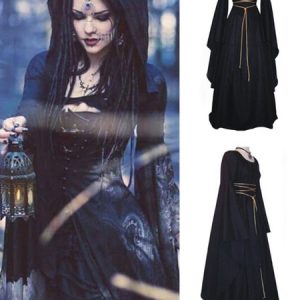 Black Vintage Costume Gothic Long Sleeve Maxi Dress Halloween For Women