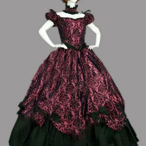 Burgundy Retro Costumes Women Jacquard Bow Ruffle Marie Antoinette Costume Vintage 18th Century Costume