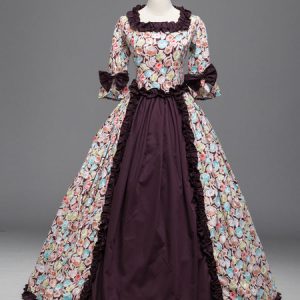 Burgundy Retro Costumes Women Ruffle Print Vintage Marie Antoinette Costume 18th Century Costume