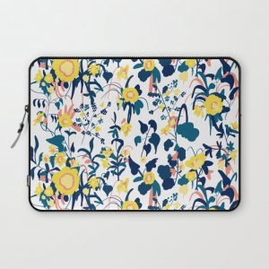 Buttercup yellow, salmon pink, and navy blue flowers on white background pattern Computer Cover by Naomi Bardoff - Laptop Sleeve - 13"