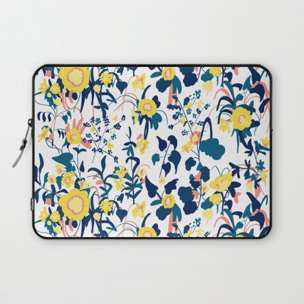 Buttercup yellow, salmon pink, and navy blue flowers on white background pattern Computer Cover by Naomi Bardoff - Laptop Sleeve - 13"