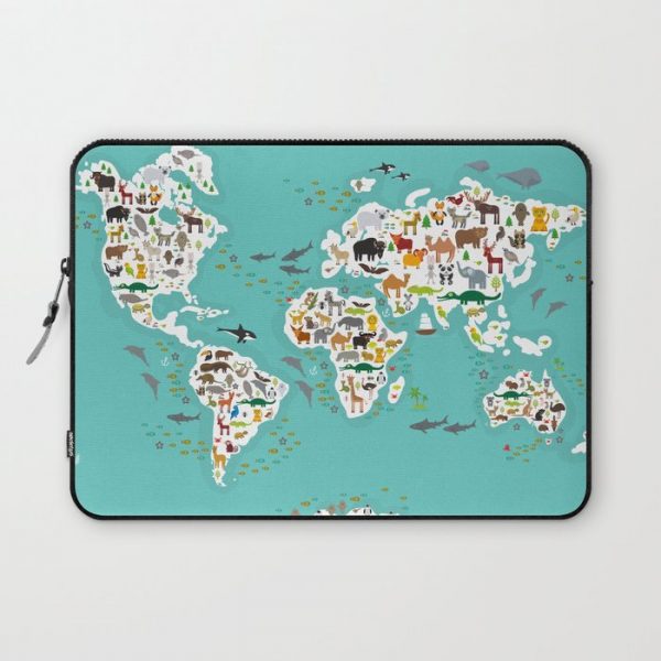 Cartoon animal world map for children and kids, Animals from all over the world Computer Cover by EkaterinaP - Laptop Sleeve - 13"