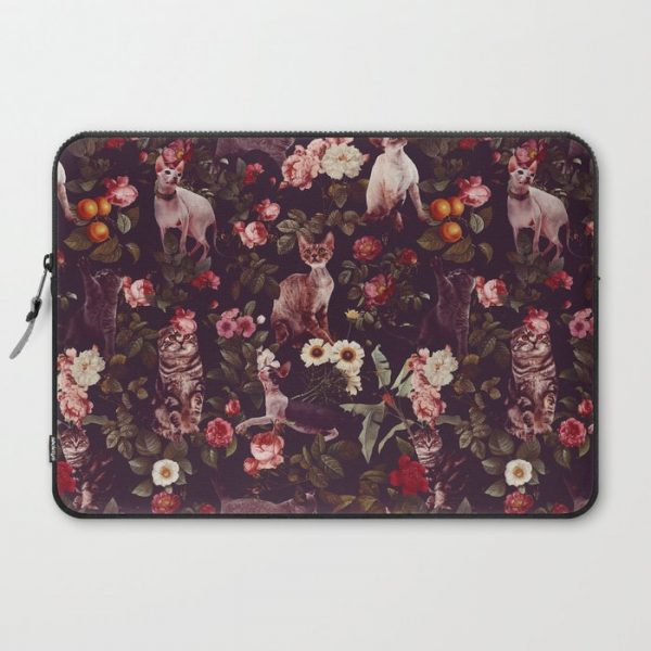 Cat and Floral Pattern Computer Cover by Burcu Korkmazyurek - Laptop Sleeve - 15"