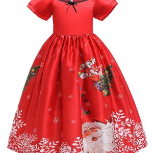 Children Christmas Cosplay Print Red Dress Kid Princess Dress Costumes