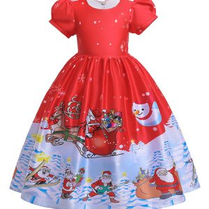 Children Christmas Cosplay Print Red Skater Dress Kids Cosplay Costumes