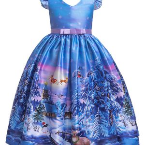 Children Christmas Cosplay Print Ruffle Bow Blue Dress Kids Cosplay Costumes