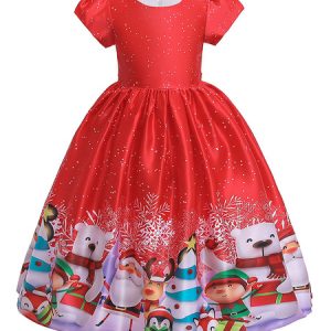 Children Christmas Cosplay Santa Claus Red Dress Pleated Print Kids Cosplay Costumes