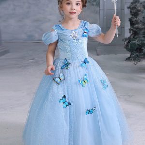 Children Elsa Cosplay Frozen Butterfly Blue Dress Kids Cosplay Costumes