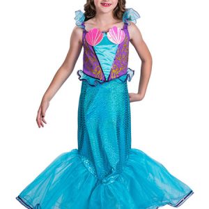 Children Mermaid Cosplay Ruffle Fish Print Aqua Dress Kids Cosplay Costumes