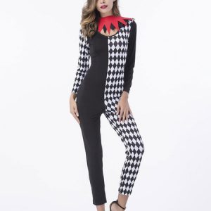 Clown Costume Halloween Women Black Checkered Jumpsuit Outfit