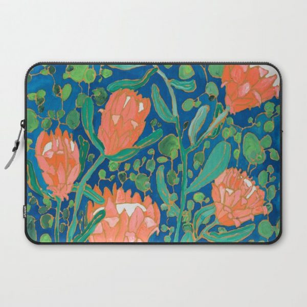 Coral Proteas on Blue Pattern Painting Computer Cover by Lara Lee Meintjes - Laptop Sleeve - 15"