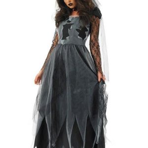 Corpse Bride Costume Halloween Black Women Dresses Choker Veil 3 Piece