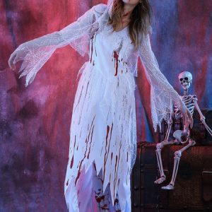 Day Of The Dead Costume Halloween Costume Corpse Bride Women's White Dress With Heagear Halloween