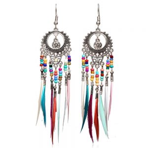 Ethnic Beaded Feather Long Drop Earrings