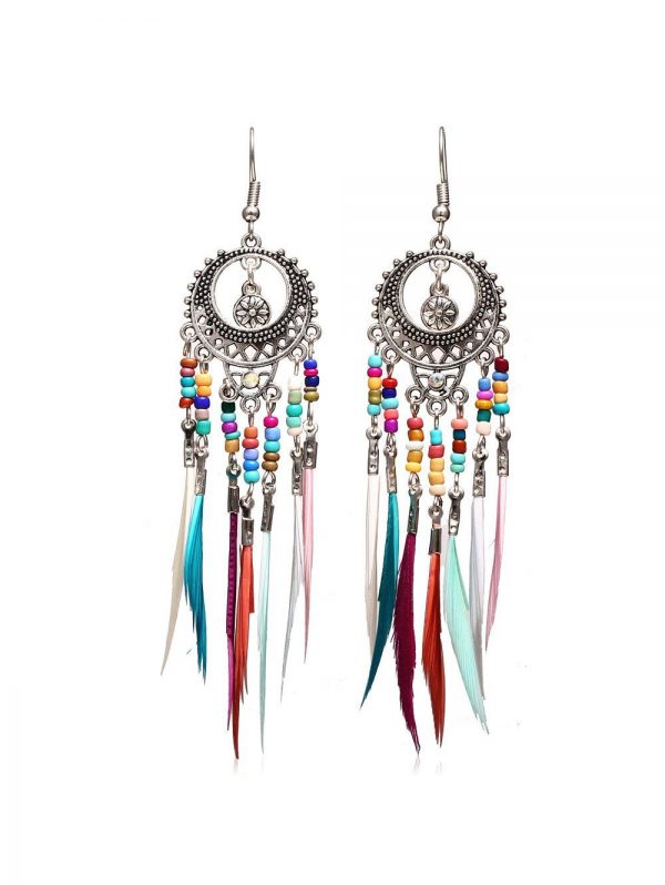 Ethnic Beaded Feather Long Drop Earrings