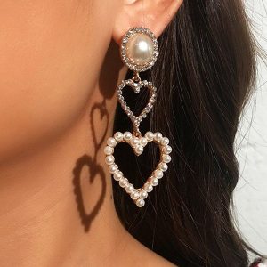 Faux Pearl Rhinestone Heart Drop Earrings