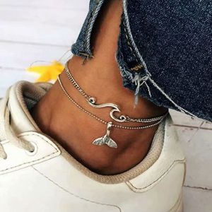 Fishtail Pendant Silver Metal Anklet Set - One Size