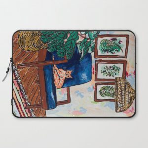 Ginger Cat on Blue Mid Century Chair Painting Computer Cover by Lara Lee Meintjes - Laptop Sleeve - 15"