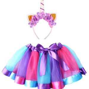 Girls Unicorn Halloween Costume Color Block Mini Skirt With Headband