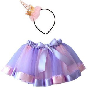 Girls Unicorn Halloween Costume Color Block Mini Skirt With Headband