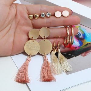 Gold Metal Tassel Embellished Earring Set - One Size