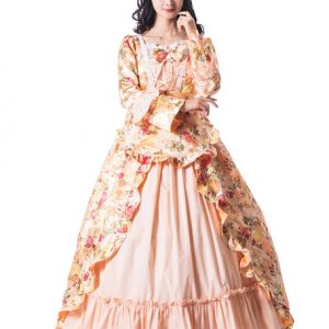 Golden Retro Costumes Bows Ruffle Satin Pageant Dress Victorian Floral Print Women Vintage Clothing Halloween