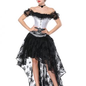 Gothic Costume Halloween Women Black Lace Short Sleeve Top Corset And Asymmetrical Skirt