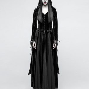 Gothic Dresses Halloween Costume Women Black Velvet Long Sleeve Retro Maxi Dress