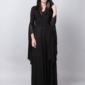 Gothic Punk Dresses Women Long Sleeve Hooded Maxi Black Halloween Costume